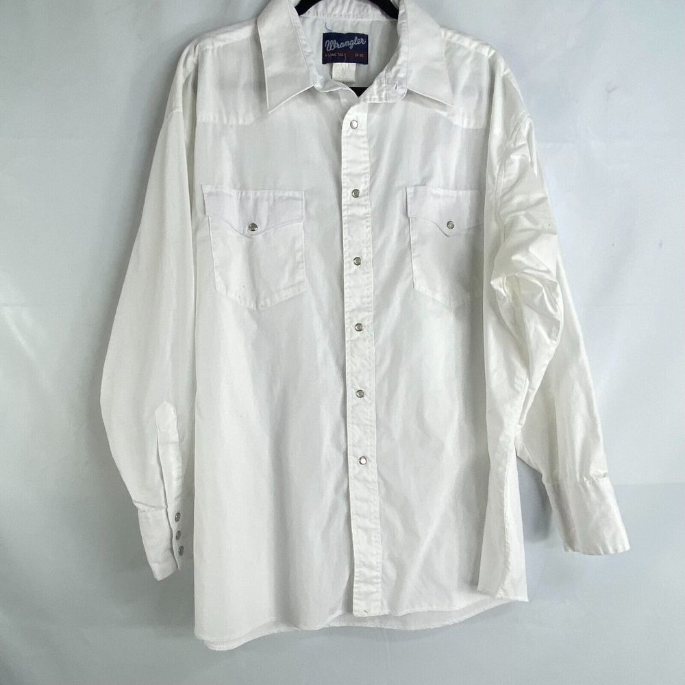 Mens XL Wrangler X-Long Tails Vintage White Pearl Snap Sleeve Shirt 19-35
